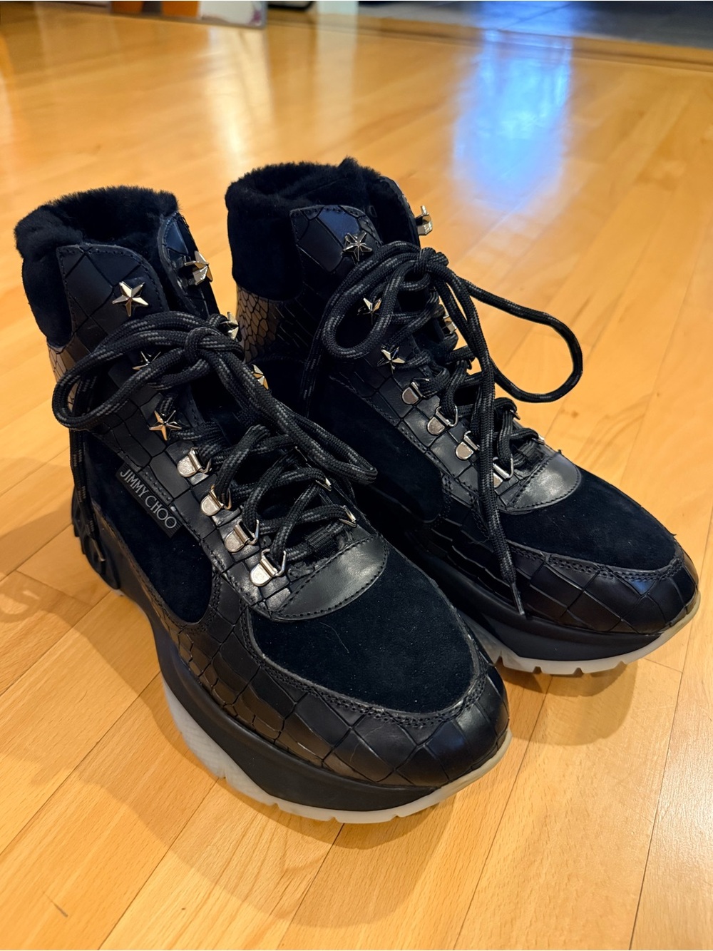 Jimmy Choo Black Quilted Suede & Leather Lace-Up Platform Boots